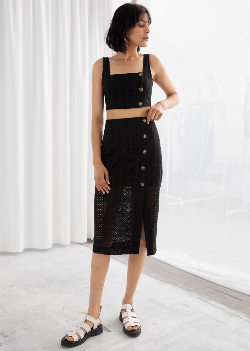 & Other Stories Cotton Button Bustier $49 and Cotton Dobby Pencil Midi Skirt $69