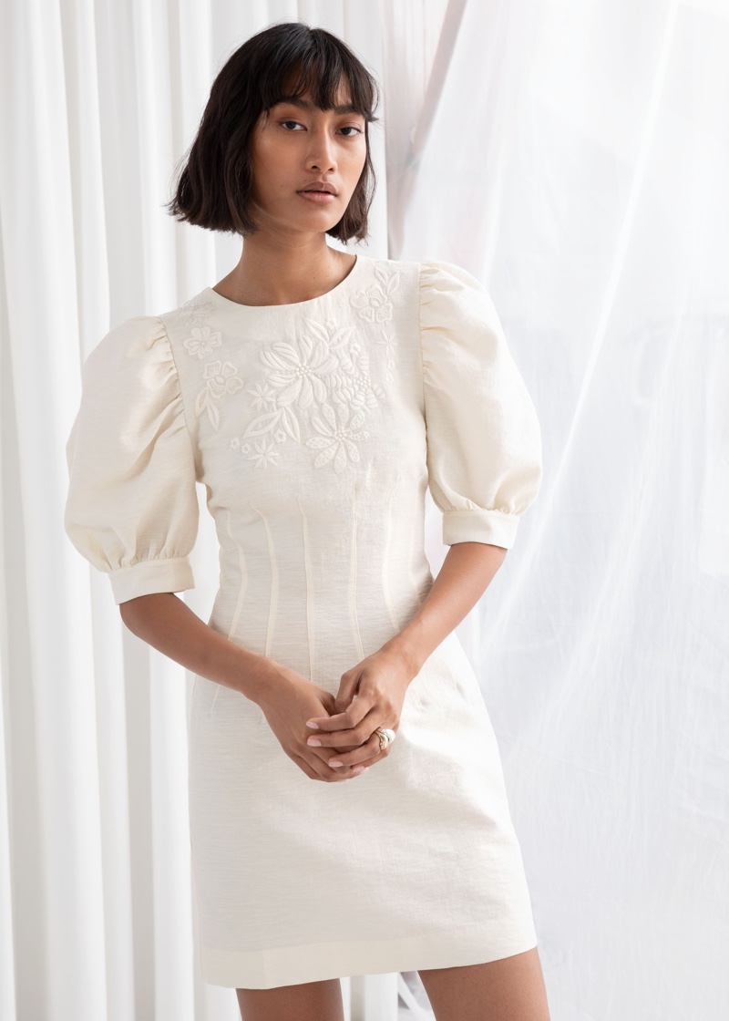 & Other Stories Embroidered Cotton Dress with Puff Sleeves $119