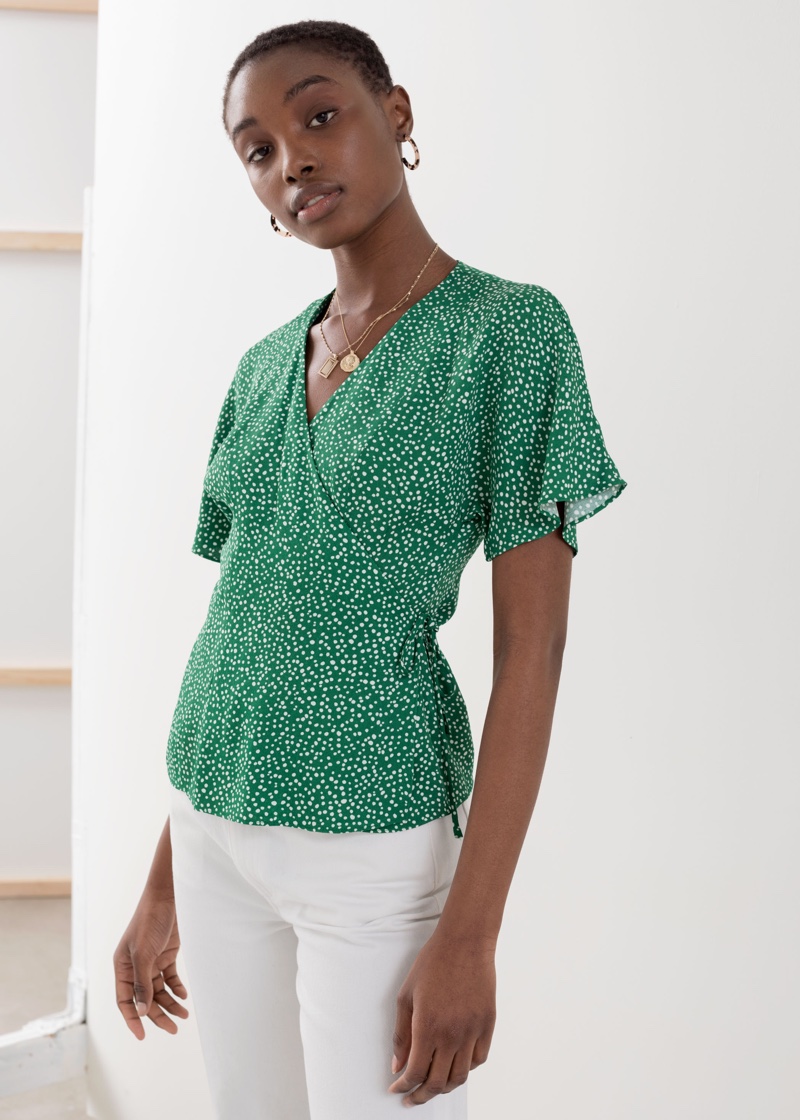 & Other Stories Printed Wrap Blouse Green Dot $59