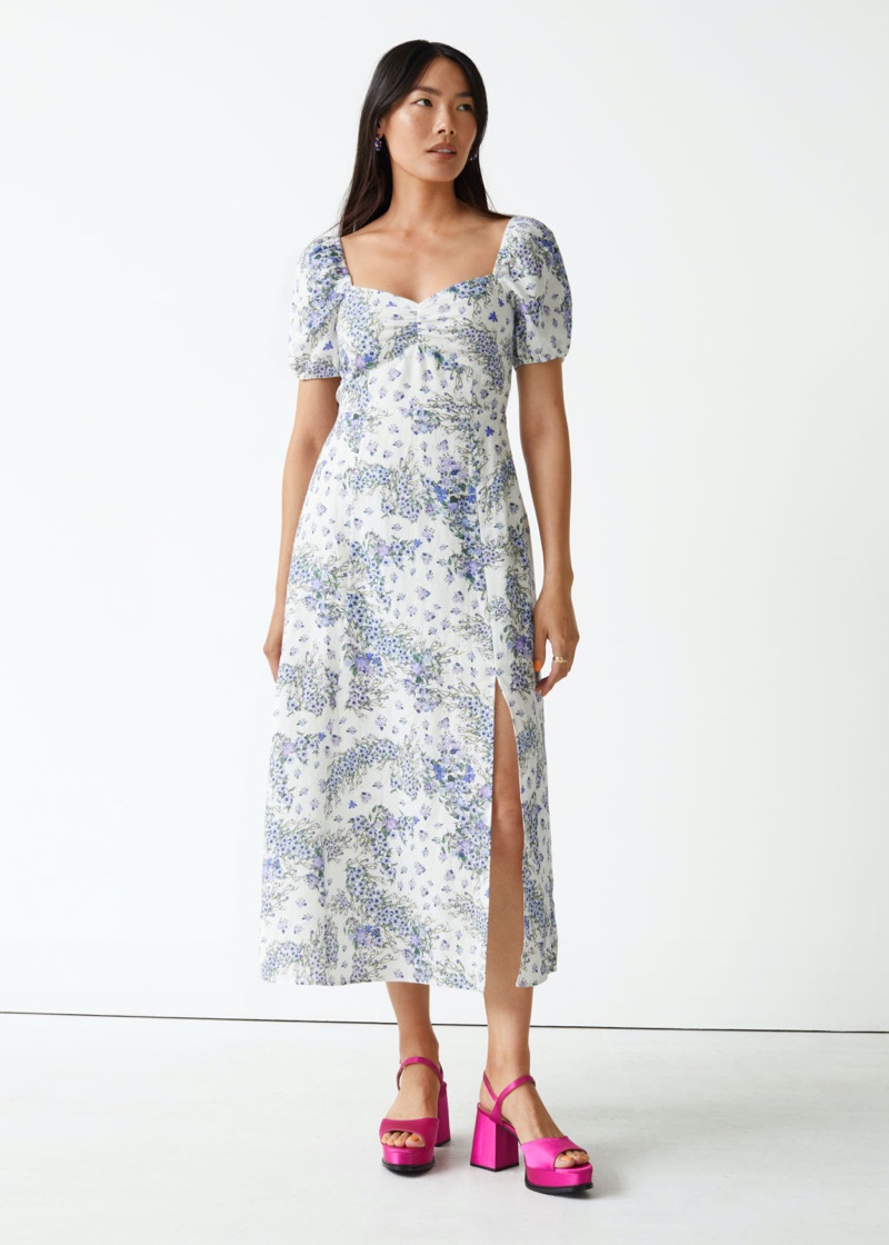 & Other Stories Puff Sleeve Linen Midi Dress in White/Dark Blue $129
