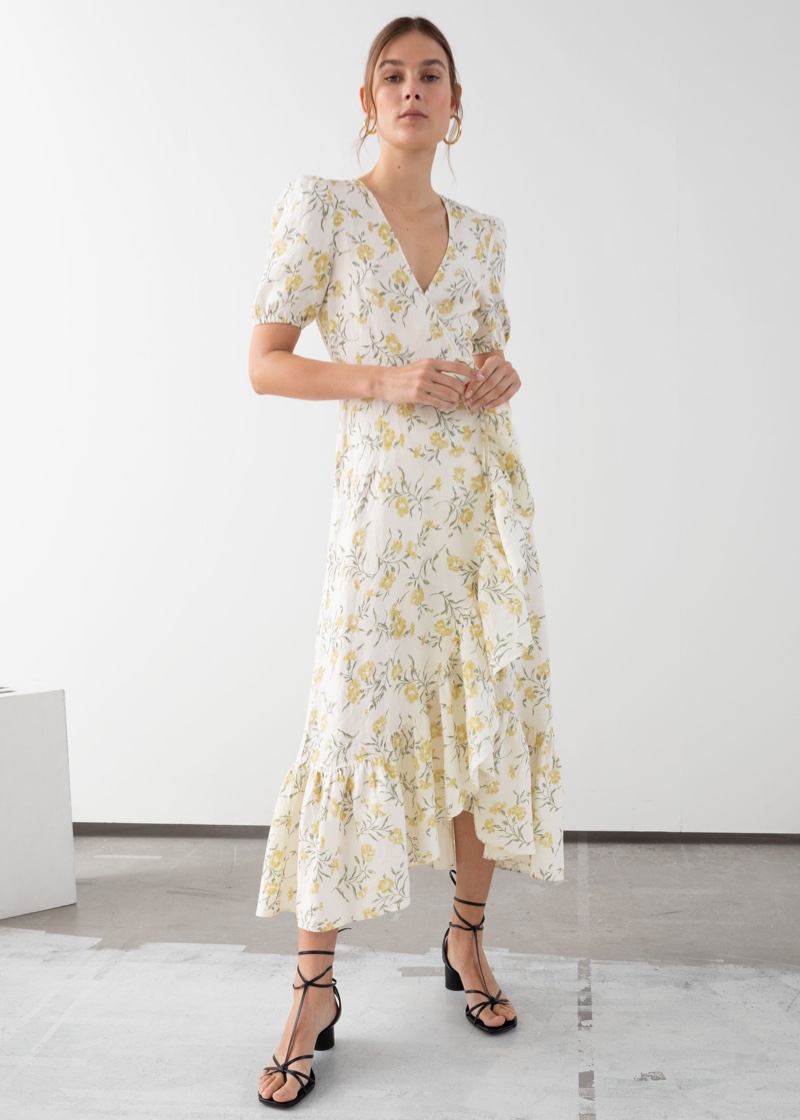 & Other Stories Ruffled Linen Wrap Midi Dress Floral Print $139