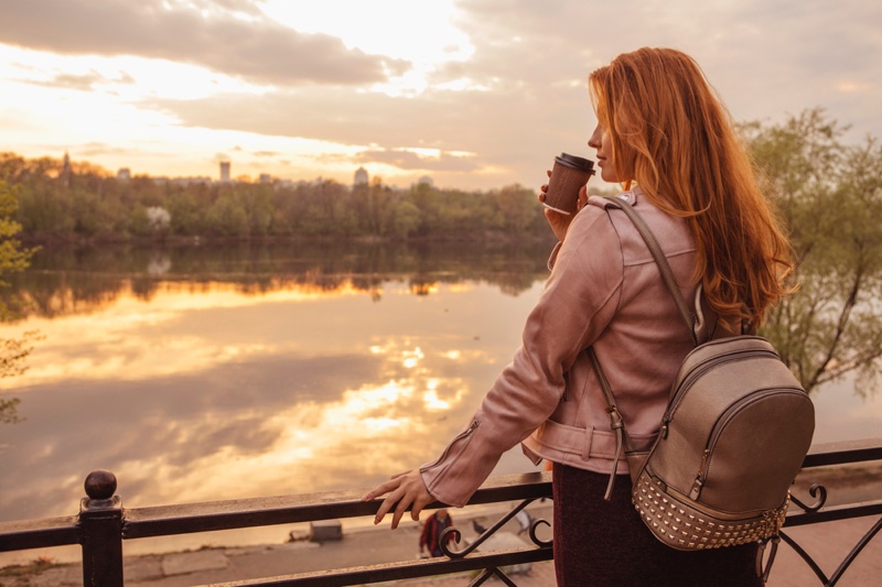 Plus Size Model Pink Leather Jacket Coffee Cup