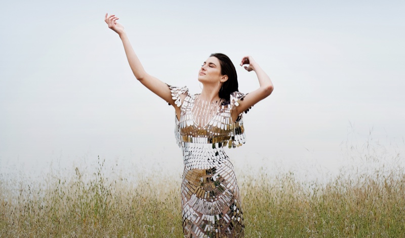 Turning up the shine factor, Shailene Woodley wears Alberta Ferretti dress with Jenny Bird earrings