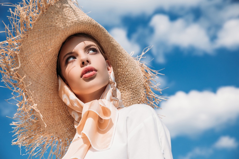 Stylish Model Straw Hat Head Scarf