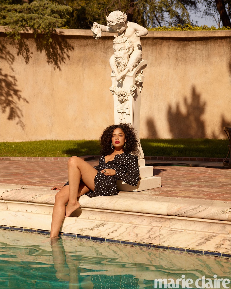 Posing poolside, Tessa Thompson wears Alessandra Rich dress