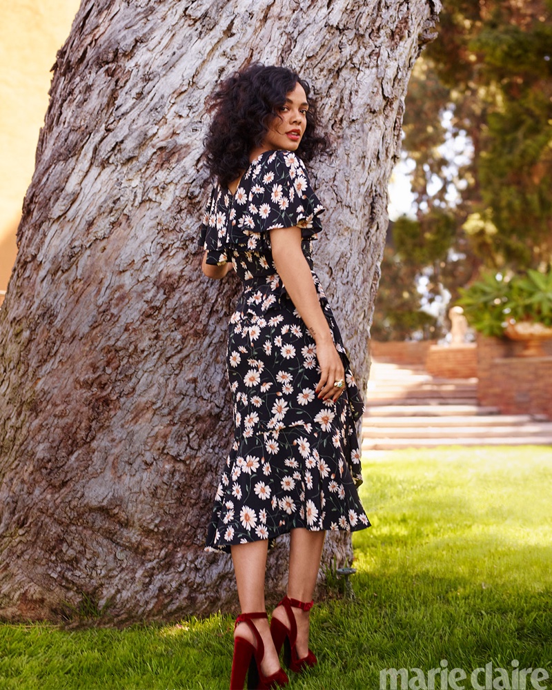 Actress Tessa Thompson poses in Michael Kors Collection dress and Giuseppe Zanotti heels