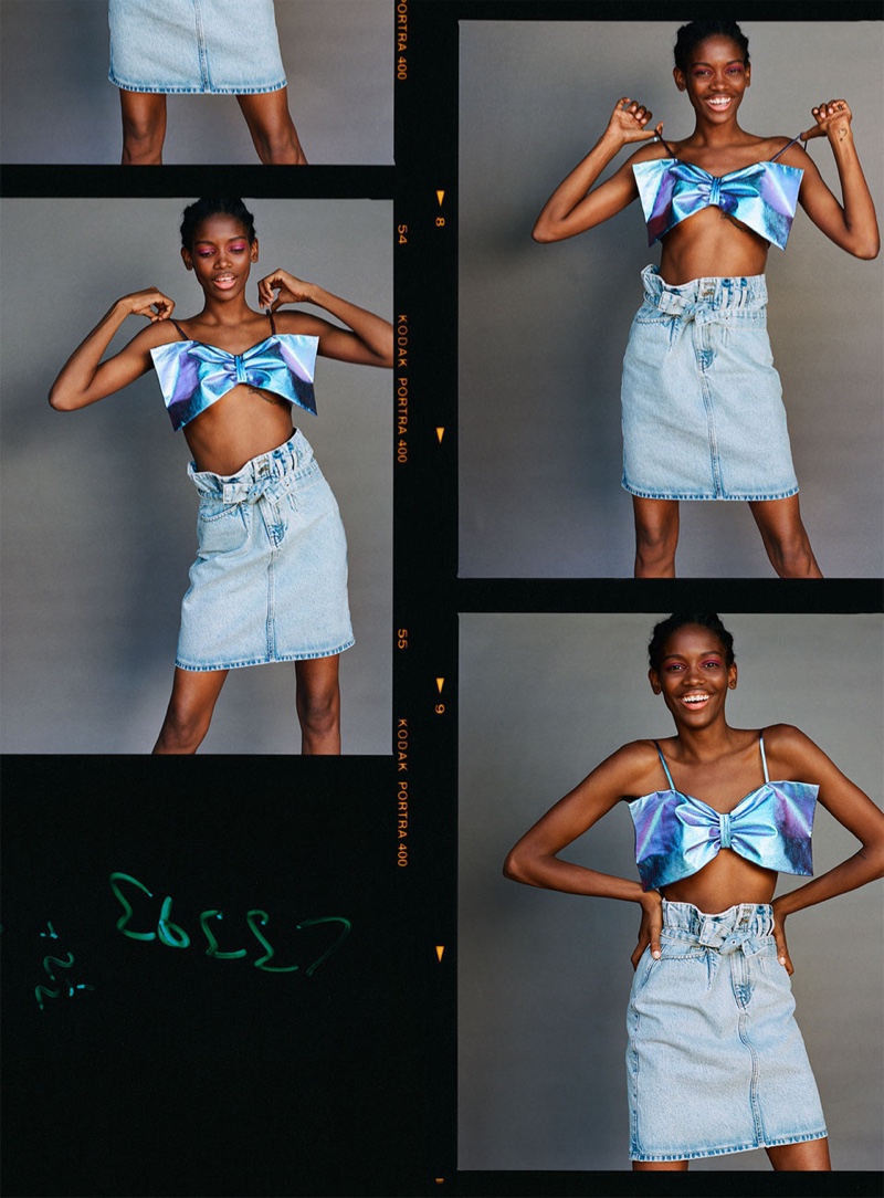 Elibeidy Dani models Zara shine bow top and denim skirt