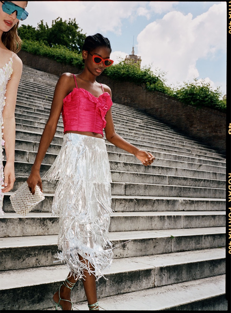 Zara Ruffled Top, Limited Edition Fringed Sequin Skirt and Metallic Leather Heels