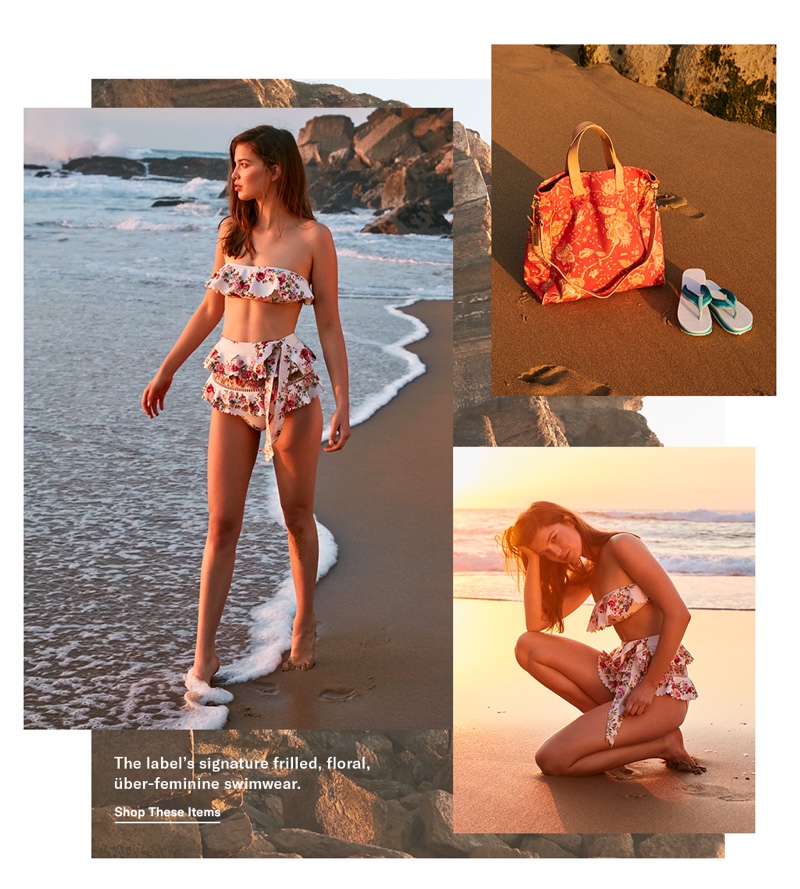 Zimmermann Honour Frill Bandeau Bikini Top $160, Honour Scallop High Waist Bottoms $260, Beach Bag $295 and Rainbow Flip Flops $295