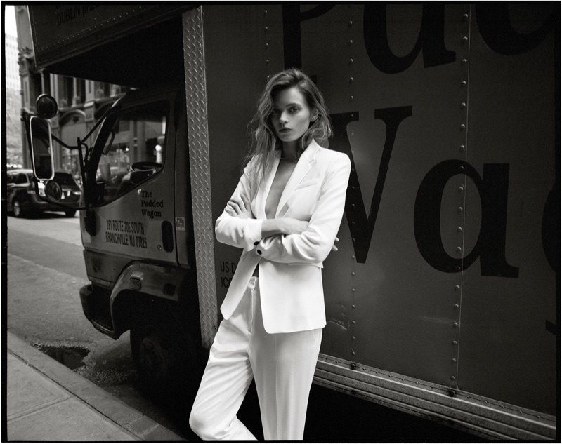 Suiting up, Abbey Lee Kershaw models Rag & Bone Windsor blazer and pant