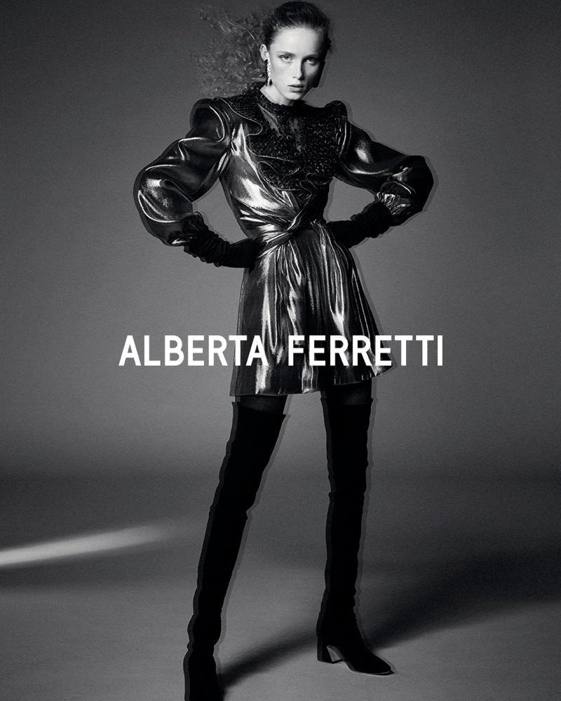 Rianne van Rompaey poses in black and white for Alberta Ferretti fall-winter 2019 campaign