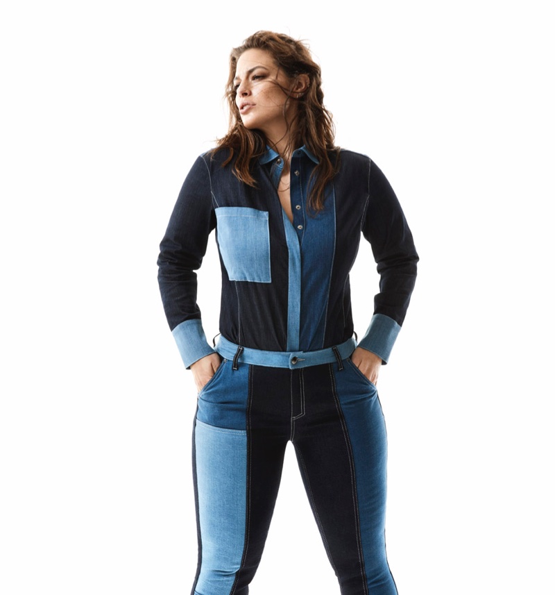 Model Ashley Graham wears patchwork style for Marina Rinaldi fall-winter 2019 denim campaign