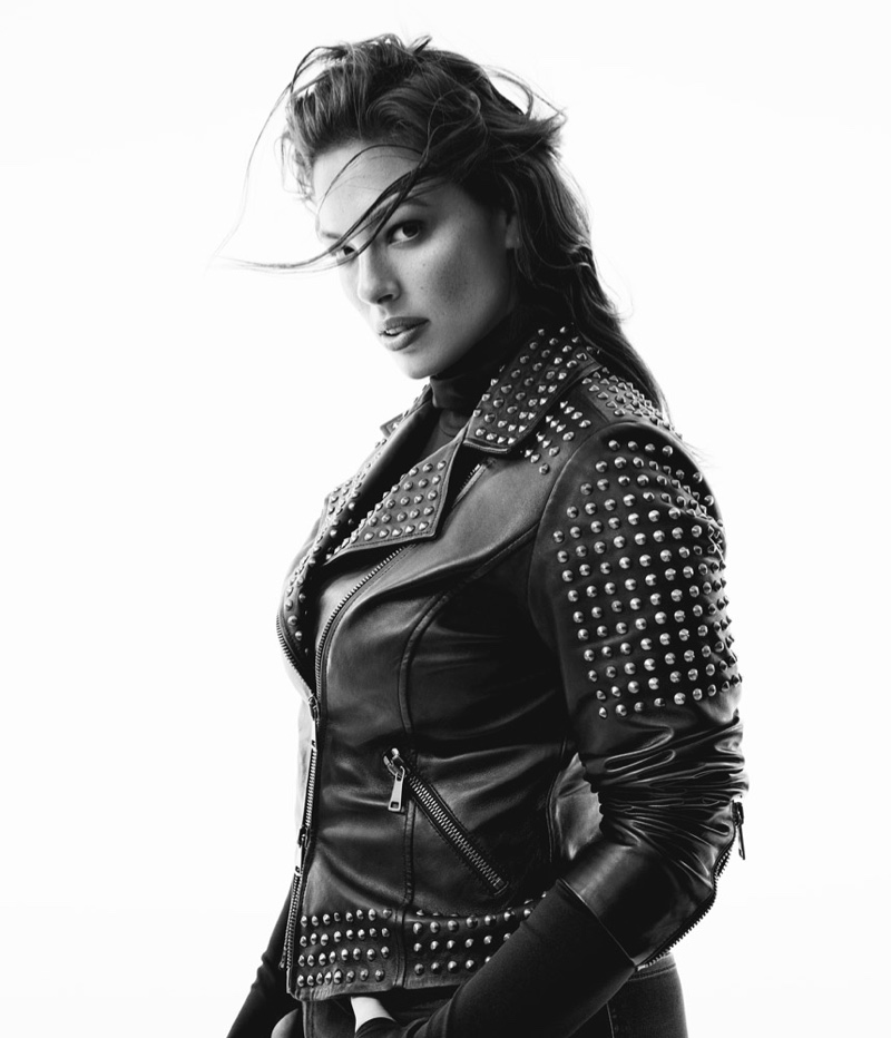 Ashley Graham wears leather jacket from Marina Rinaldi fall 2019 denim collaboration