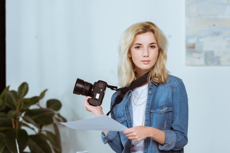 Blonde Woman Photographer Camera Print Denim