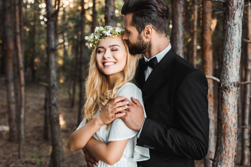 Bride Groom Smiling Flower Crown Woods Wedding