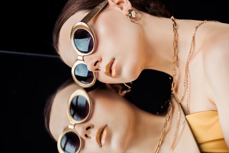 Brunette Model Gold Sunglasses Jewelry Mirror Fashion