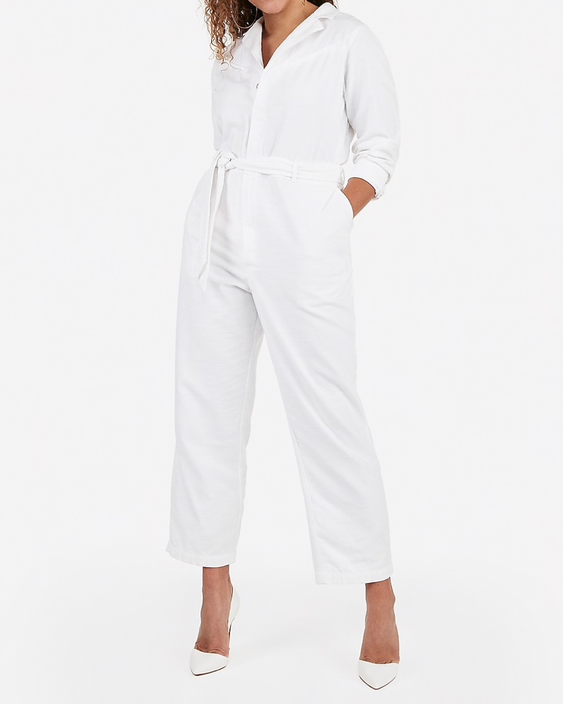 Express x Karla Sash Tie Utility Jumpsuit in White $88