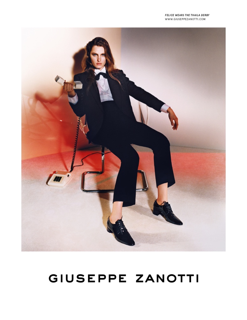 Felice Noordhoff suits up in Giuseppe Zanotti fall-winter 2019 campaign