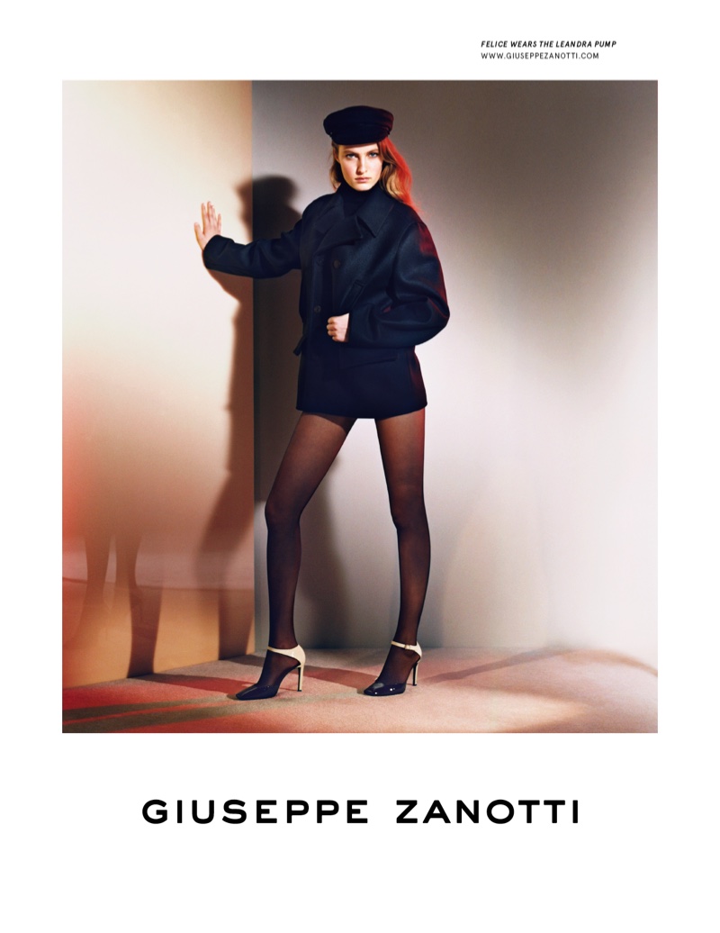 Model Felice Noordhoff wears Giuseppe Zanotti pump