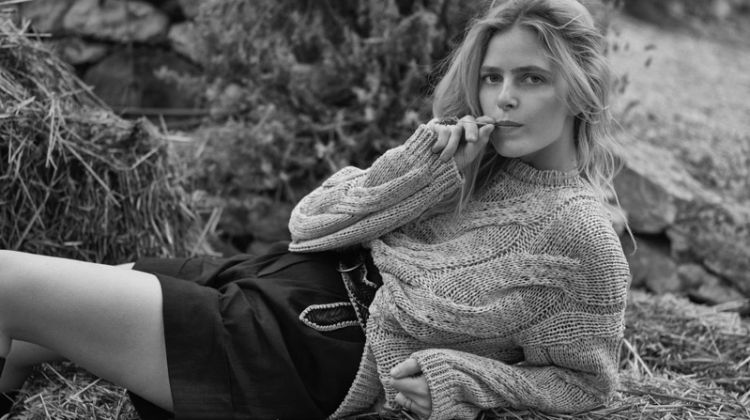 Wearing a sweater, Ines Melia poses in black and white for Massimo Dutti