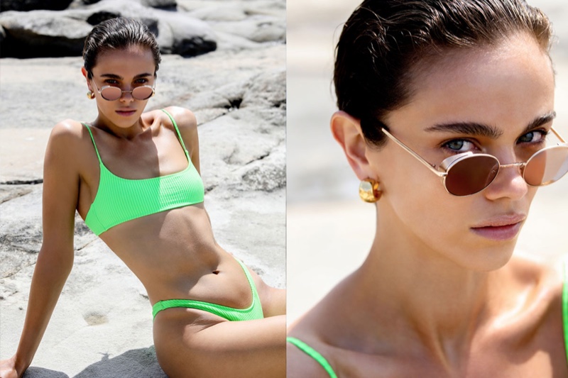 Wearing a green swimsuit, Jena Goldsack fronts Amber Sceats Eyes on You campaign