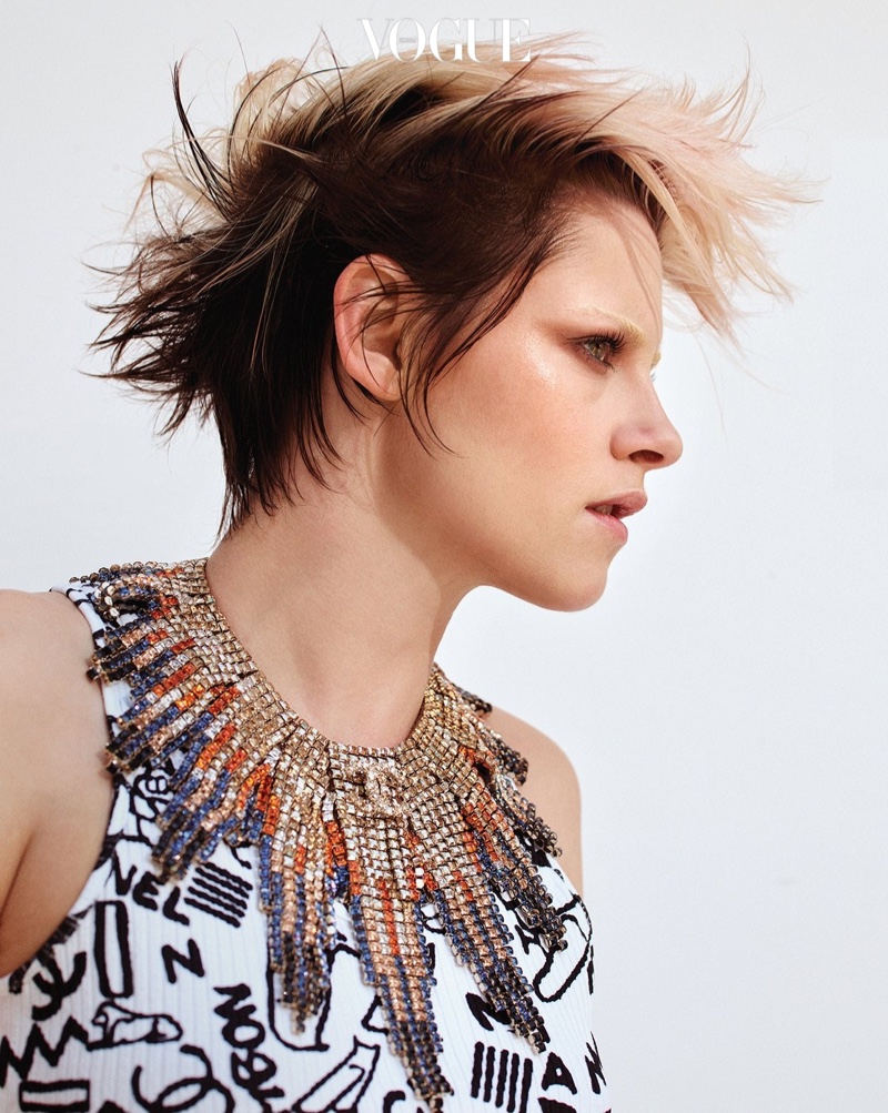 Ready for her closeup, Kristen Stewart wears a punk inspired hairstyle