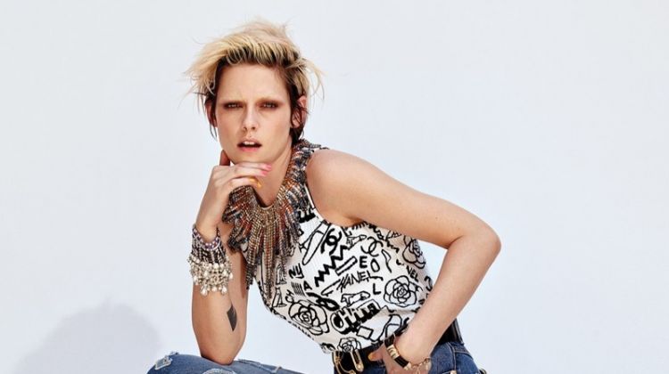 Posing in a studio, Kristen Stewart wears Chanel outfit