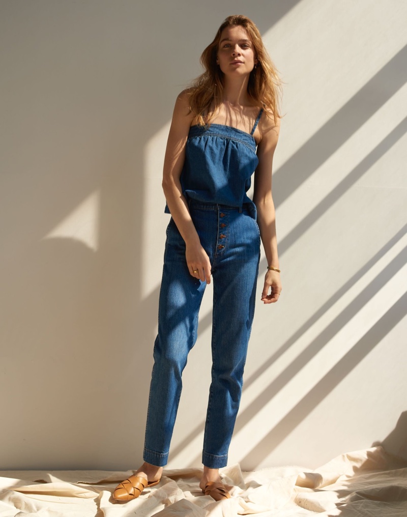 Madewell Denim Convertible Tie-Back Top $68, Tapered Jeans in Eastgate Wash: Button-Front Edition $135 and The Cindy Mule $118