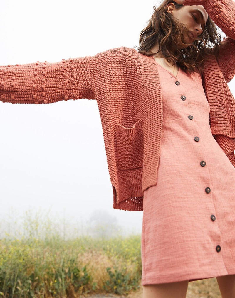 Madewell Bobble Cardigan Sweater $98 and Texture & Thread Puff-Sleeve Dress $95