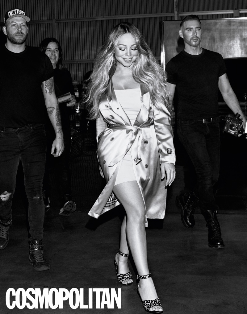 Mariah Carey wears Burberry trench coat, Intimissimi dress and Laurence Dacade heels