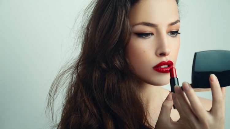The Best Budget Beauty Lifehacks Model Brunette Red Lipstick Compact Mirror