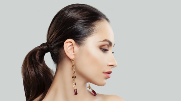 Model Garnet Earrings Ponytail Brunette
