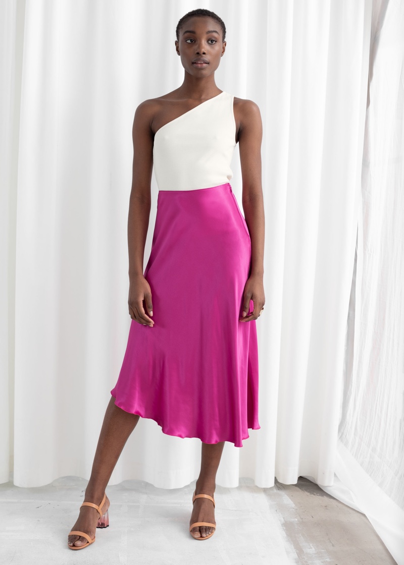 & Other Stories Asymmetrical Satin Midi Skirt in Pink $79