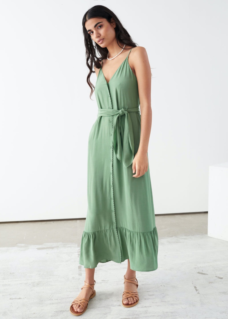 & Other Stories Belted Button Up Midi Dress in Green $99