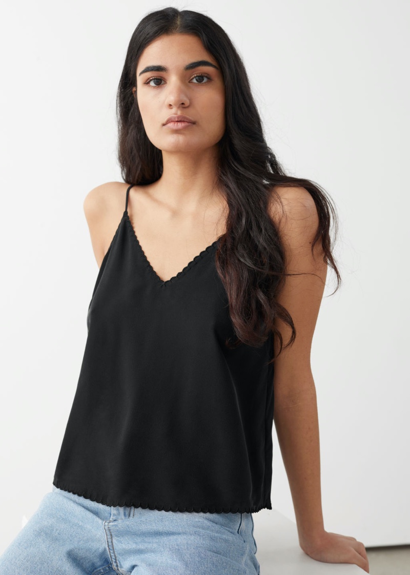 & Other Stories Scalloped Silk Tank Top in Black $69