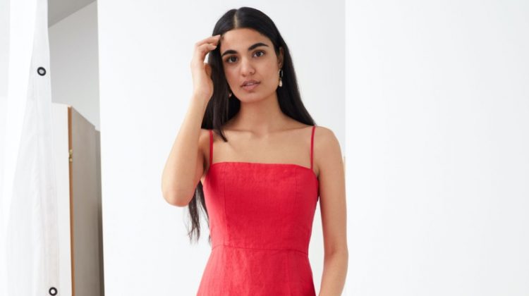 & Other Stories Spaghetti Strap Linen Mini Dress in Red $89