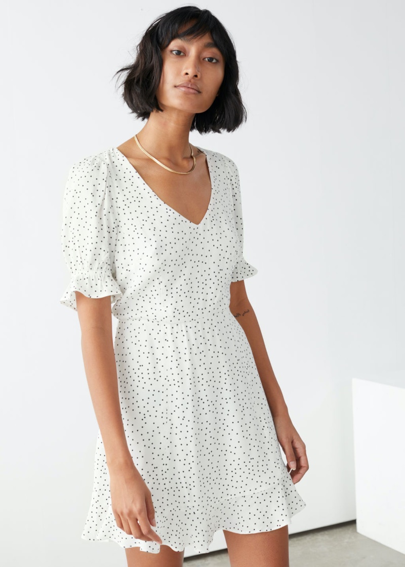 & Other Stories V-Neck Puff Sleeve Mini Dress in White Dots $69