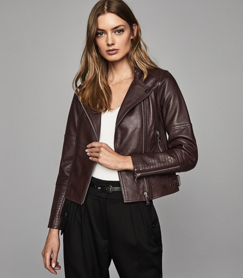 REISS Tallis Leather Biker Jacket in Plum $695