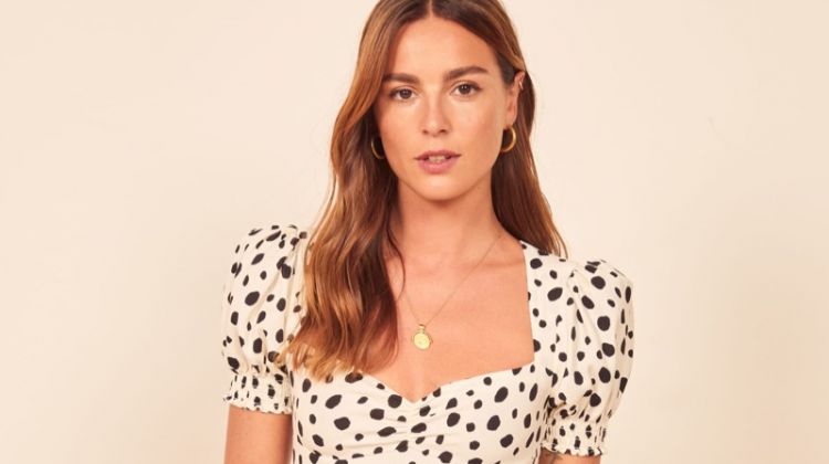 Power Up in Reformation's Puff Sleeve Styles Reformation Drea Dress in Ink Blot $218