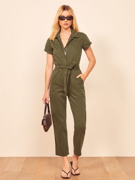 Take On the Safari Trend With Reformation Reformation Kenny Boiler Jumpsuit in Army $178