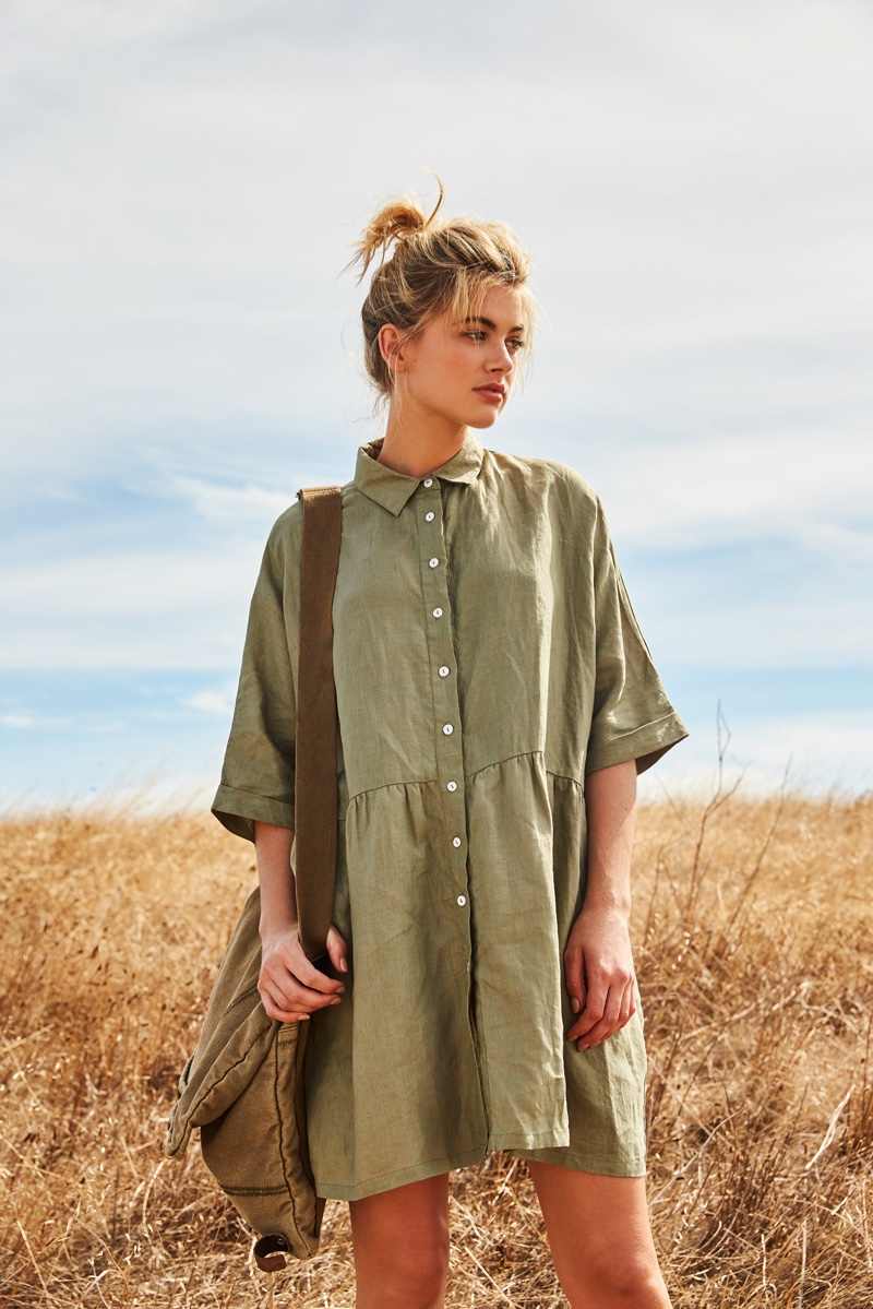 Model Megan Irwin wears khaki shirt dress from Rowie The Label