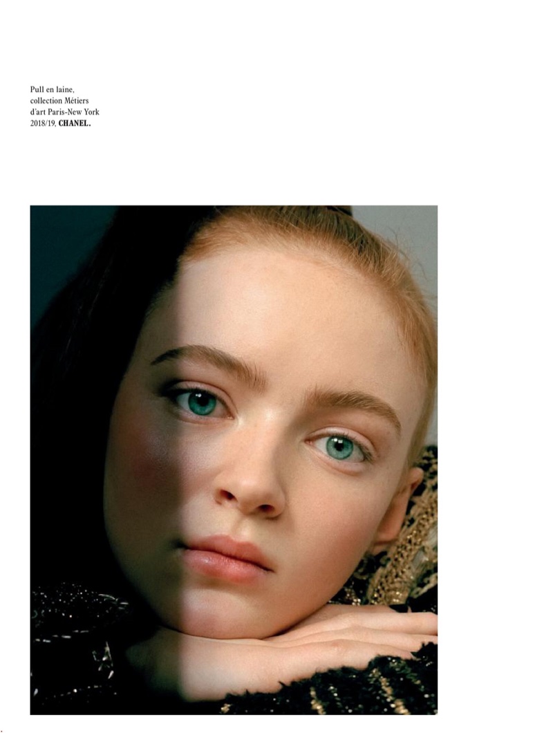 Showing off her blue eyes, Sadie Sink wears a Chanel top