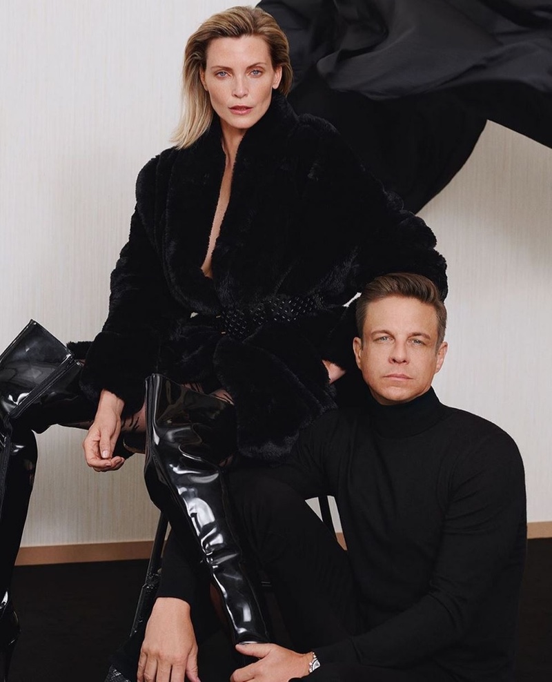 Model Nadja Auermann poses with Steffen Schraut for the designer's fall 2019 campaign