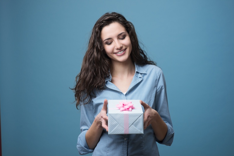 Woman Brunette Gift Box Smiling