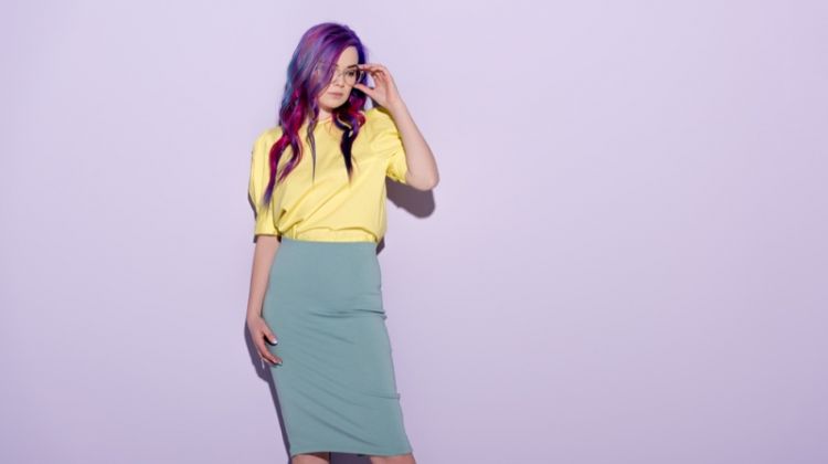 Woman Glasses Purple Hair Yellow Top Blue Skirt