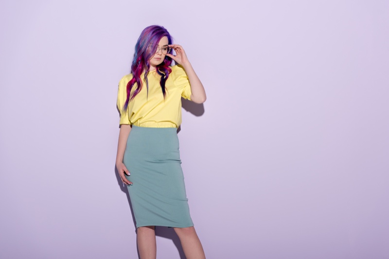 Woman Glasses Purple Hair Yellow Top Blue Skirt