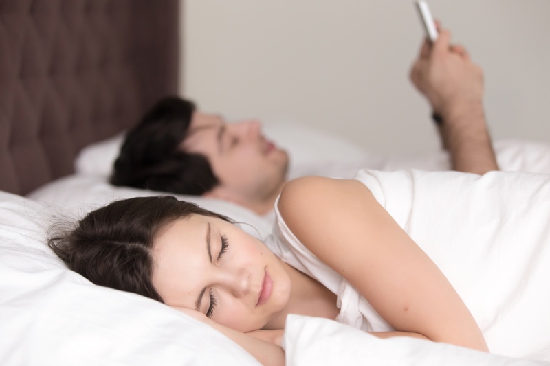 Woman Sleeping Man Phone Bed Couple