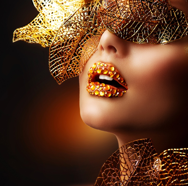 Beauty Model Gold Lips Fantasy Makeup