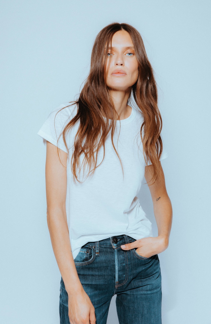 Wearing a white tee, Bianca Balti appears in Rag & Bone 360° Photo Project