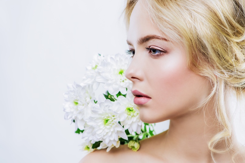 Blonde Model Beauty Makeup White Flowers